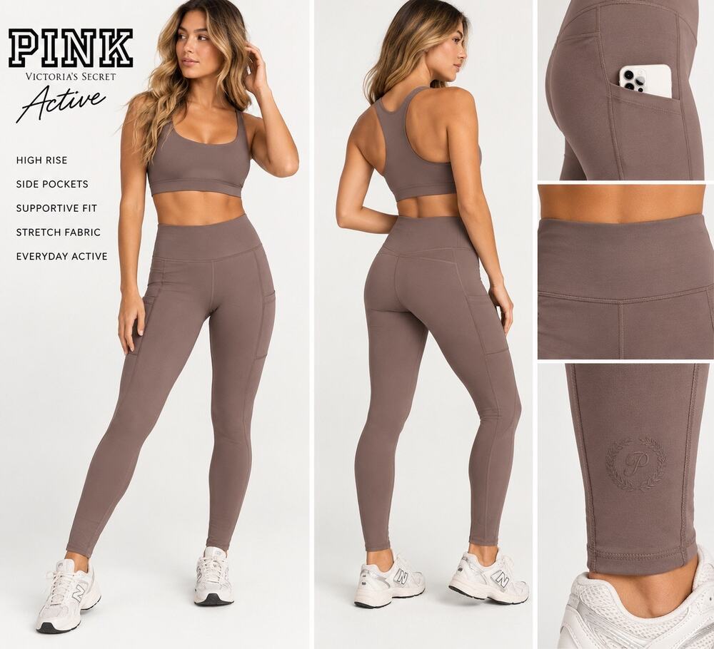 Victoria’s Secret PINK Active Leggings Small Brown Taupe High Rise Side Pockets